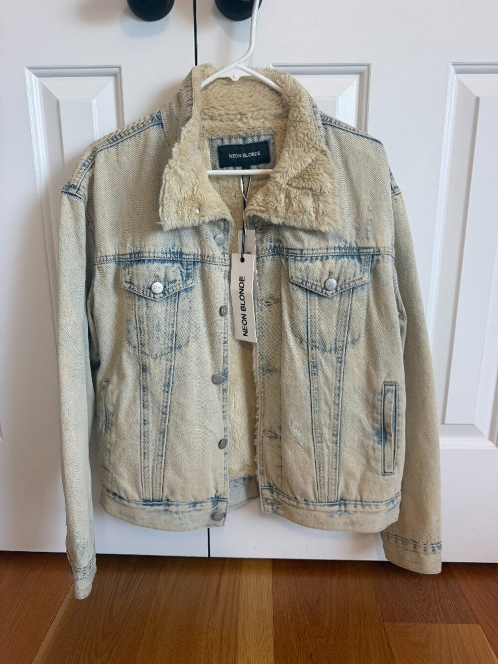 Sherpa-Lined Distressed Denim Jacket – Size S – NWT